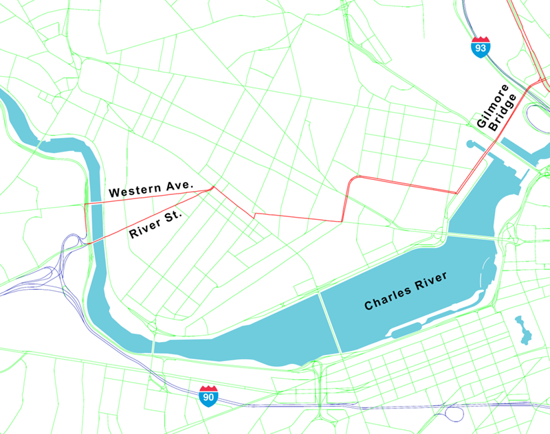 Figure 3 is a map of Cambridge and parts of Charlestown. The Gilmore Bridge, Western Avenue, and River Street have been highlighted as CUFCs Figure 3 is a map of Cambridge and parts of Charlestown. The Gilmore Bridge, Western Avenue, and River Street have been highlighted as CUFCs